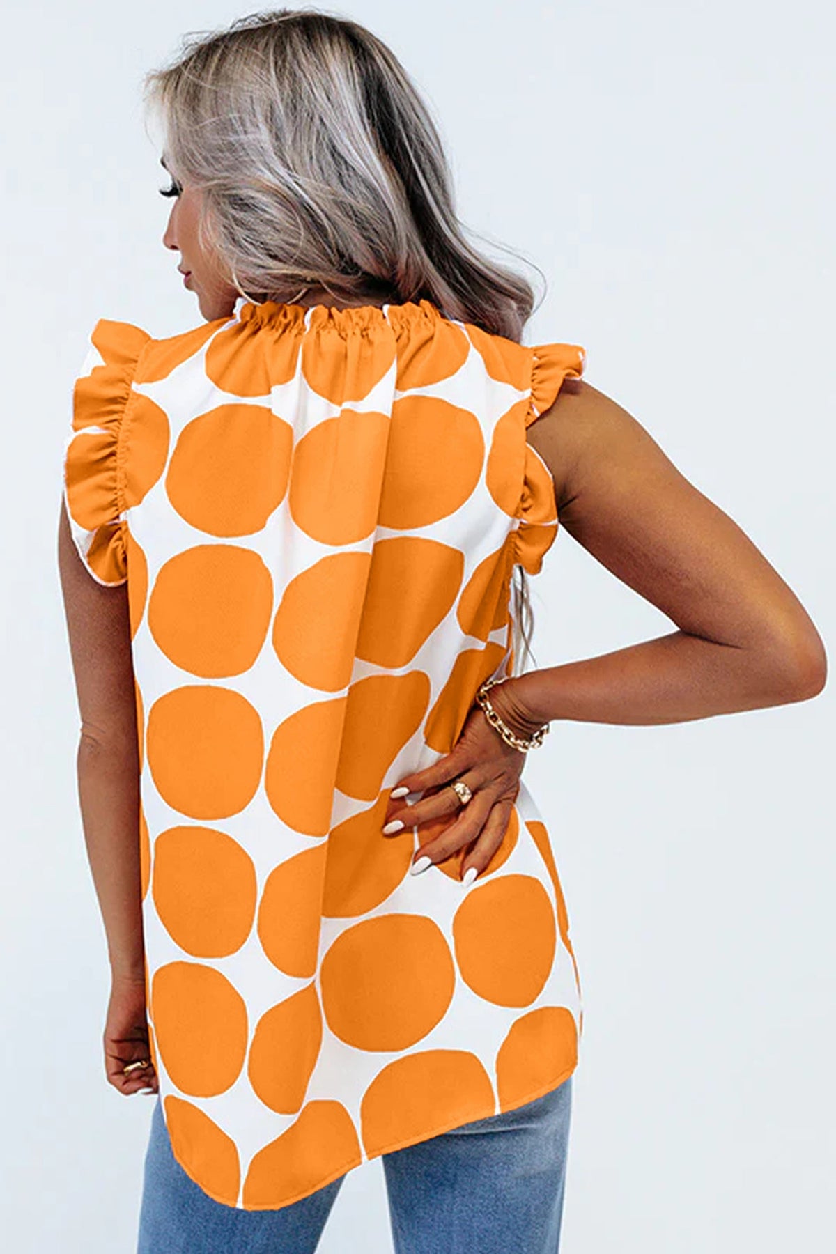 Blue Polka Dot Print Frilled Round Neck Shift Tank Top