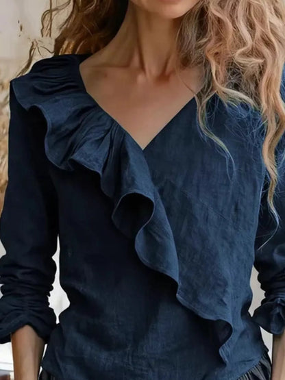 V-Neck Ruffled Long Sleeve Blouse