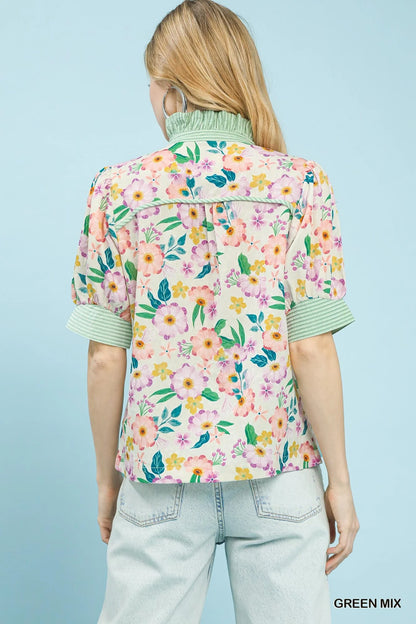 Umgee Floral Print Jacquard Ruffle Top