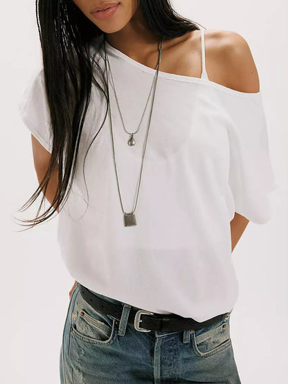 One Shoulder Solid Color T-Shirt
