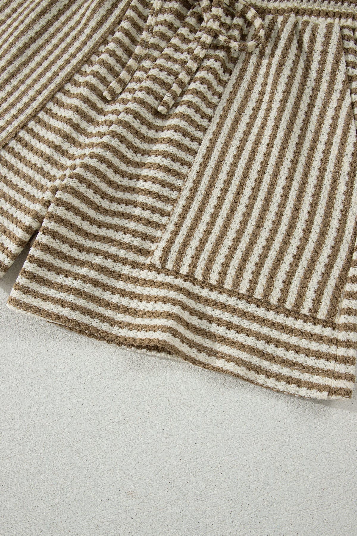 Brown Stripe Breathable Textured Knit Short 2pcs Set