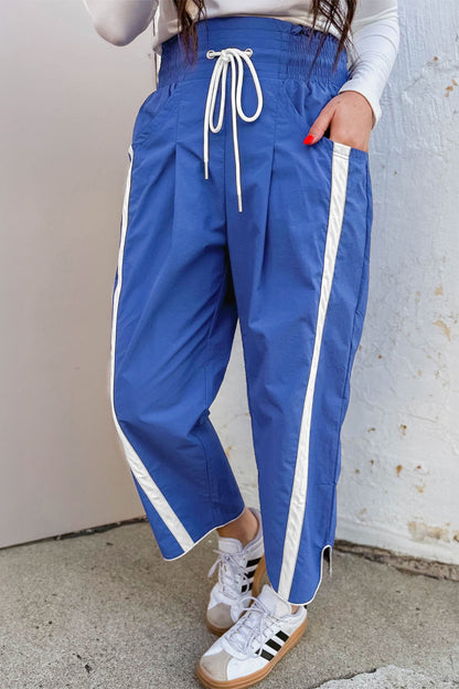 Black Contrast Striped Smocked Waist Drawstring Cropped Casual Pants