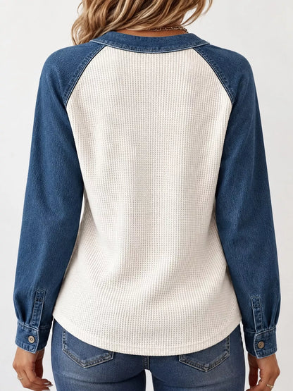 Full Size Waffle Knit Denim Patchwork Button Detail Blouse Plus Size