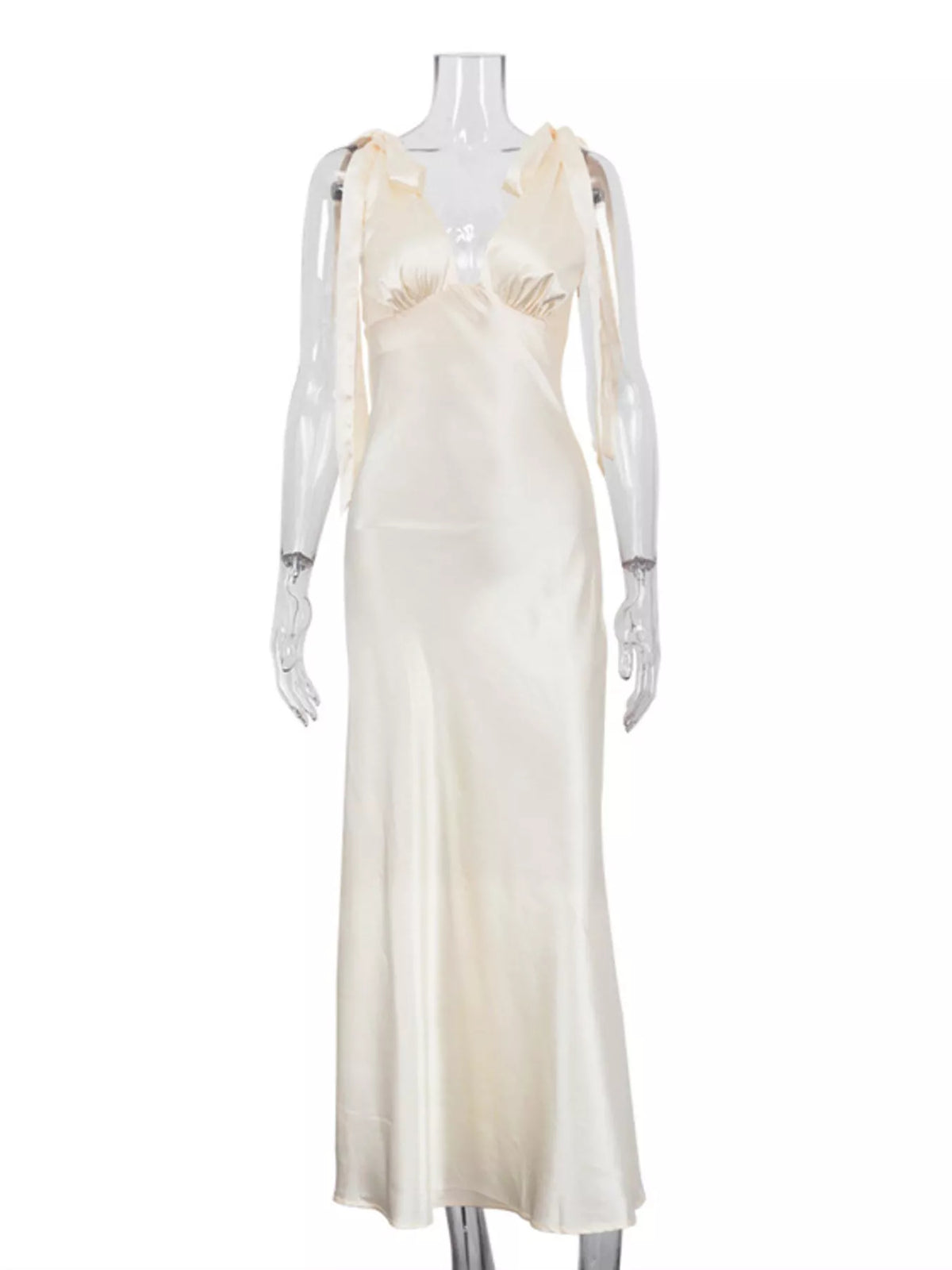 Satin Tie Shoulder Deep V-Neck Dress