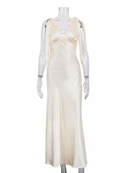 Satin Tie Shoulder Deep V-Neck Dress