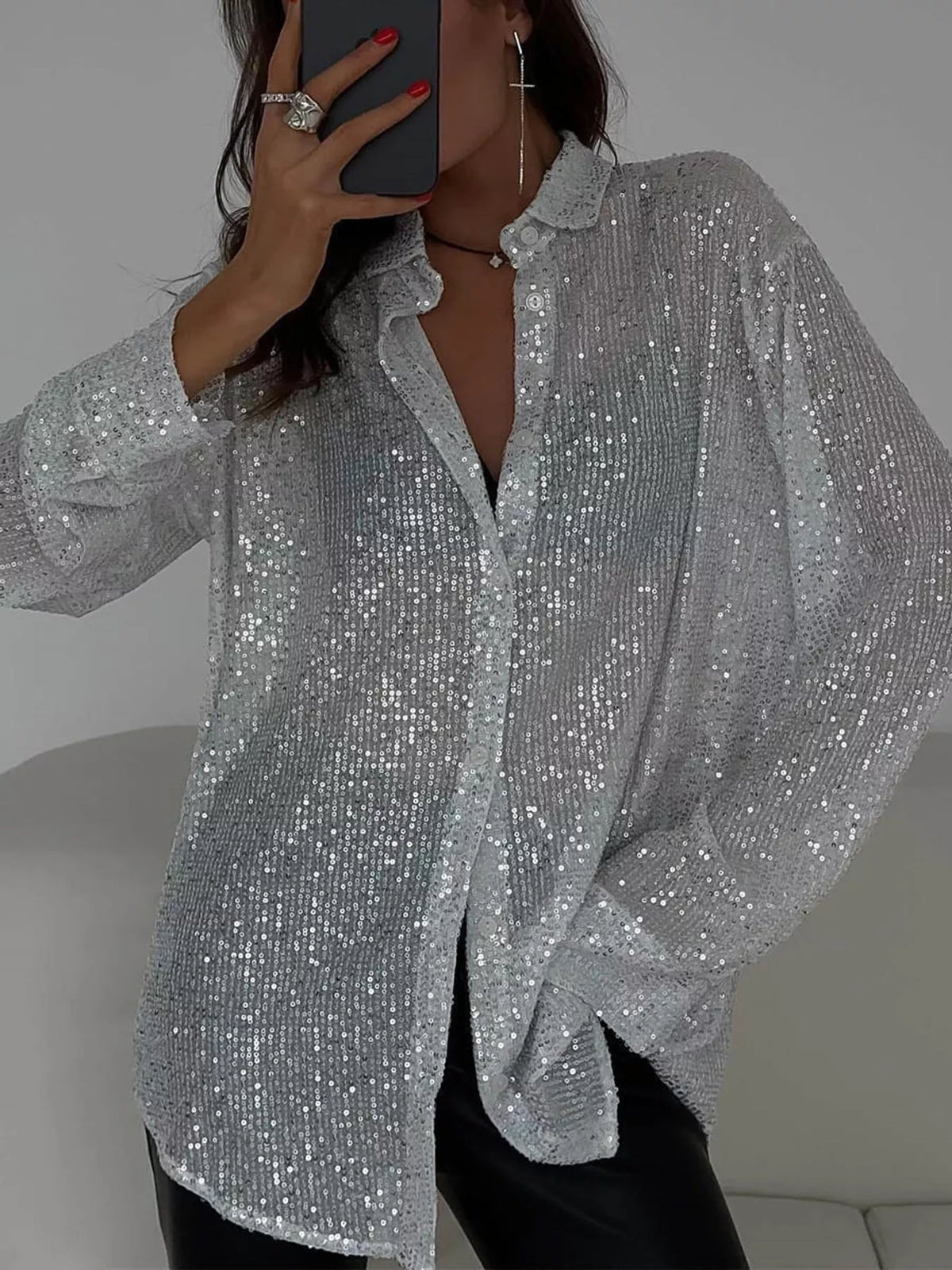 Full Size Sequin Button Up Long Sleeve Shirt Plus Size
