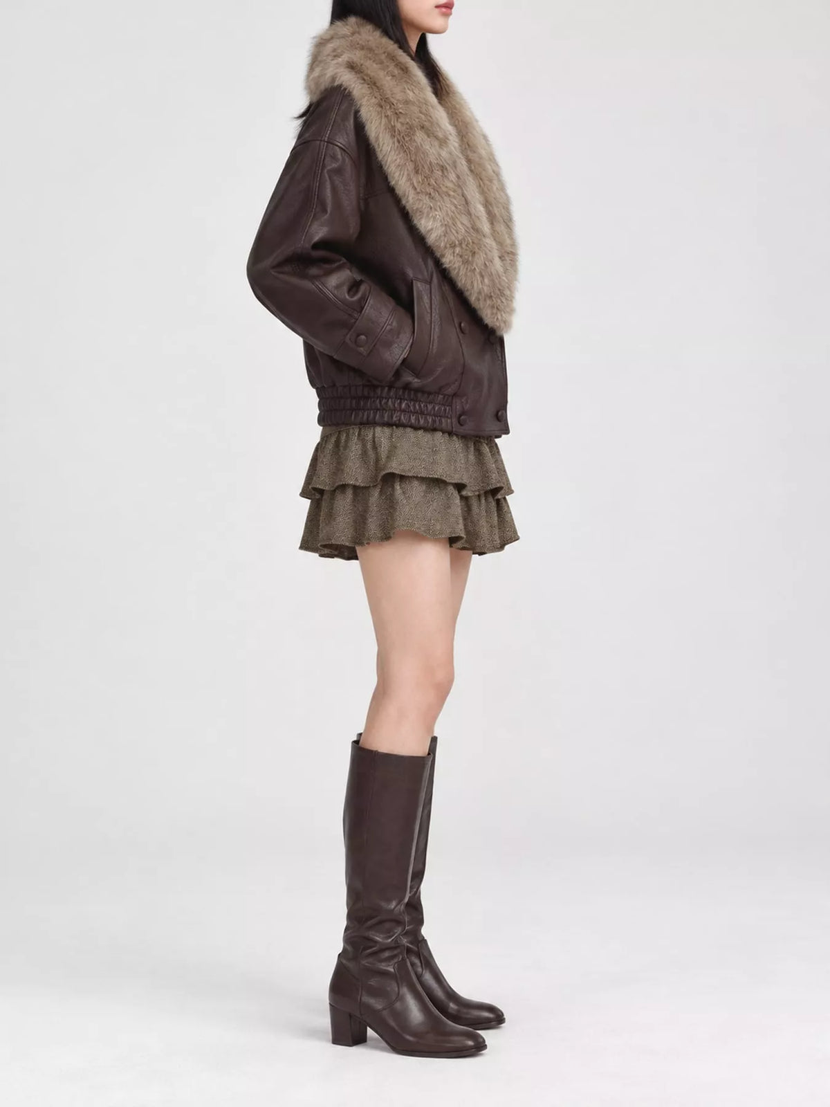 Faux Fur Collar Leather Bomber Jacket