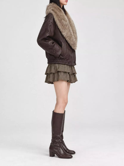 Faux Fur Collar Leather Bomber Jacket