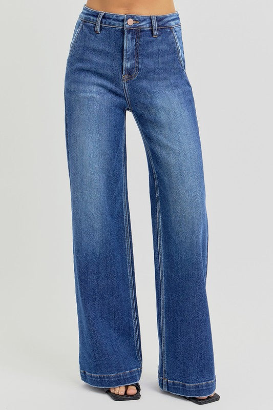 Risen Full Size High Rise Wide Leg Jeans With Slanted Pockets
