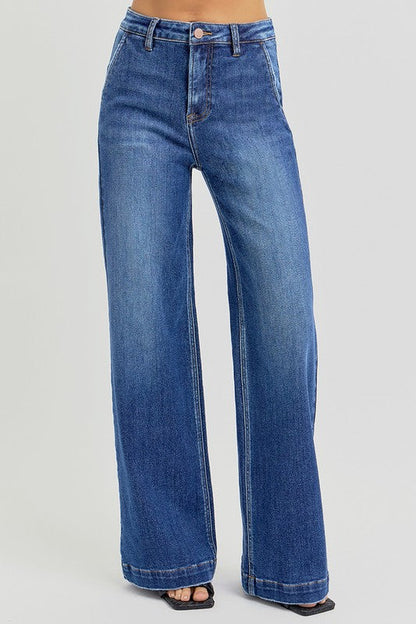 Risen Full Size High Rise Wide Leg Jeans With Slanted Pockets
