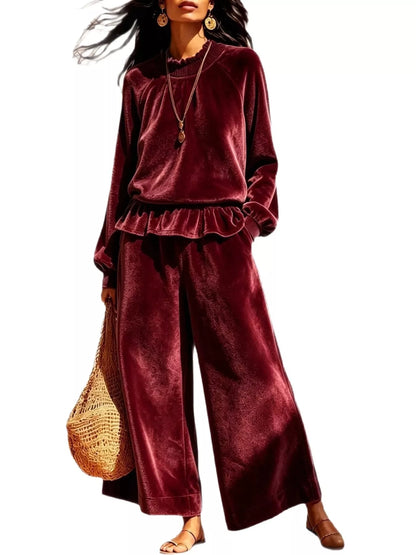Velvet Ruffled Hem Top and Wide-Leg Pants Set