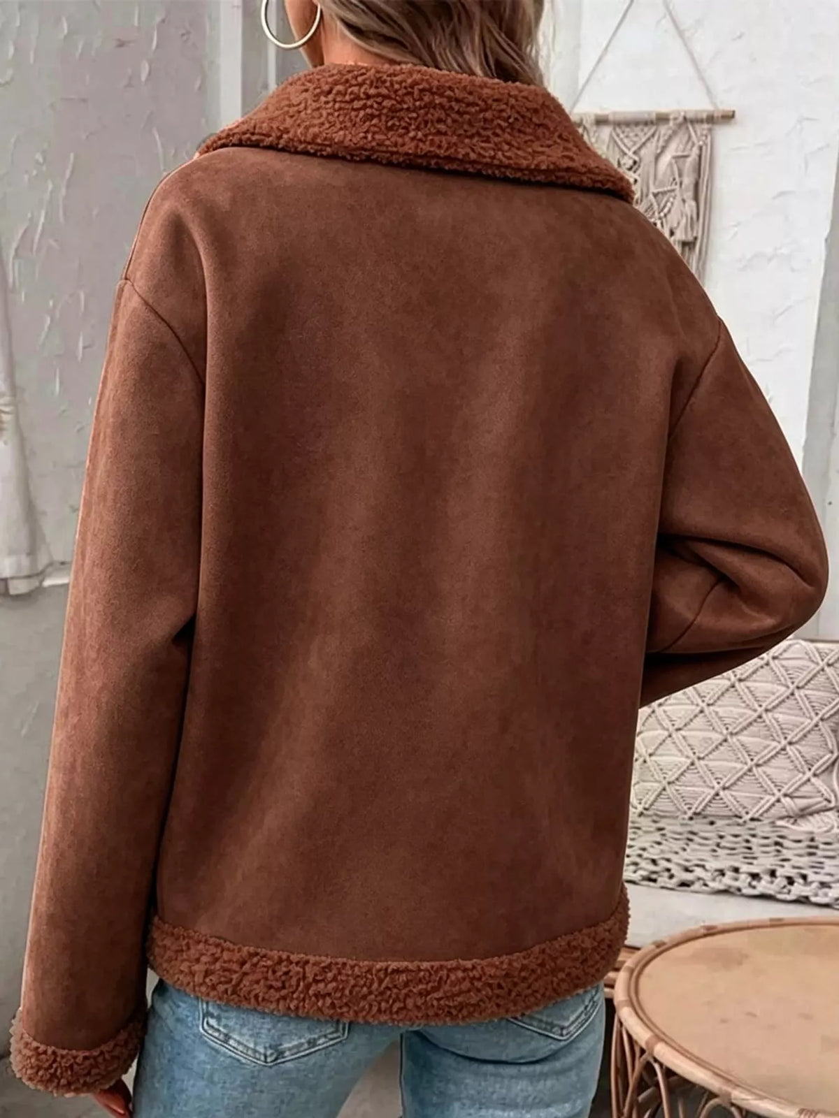 Full Size Cozy Faux Suede Sherpa-Lined Button-Down Jacket Plus Size