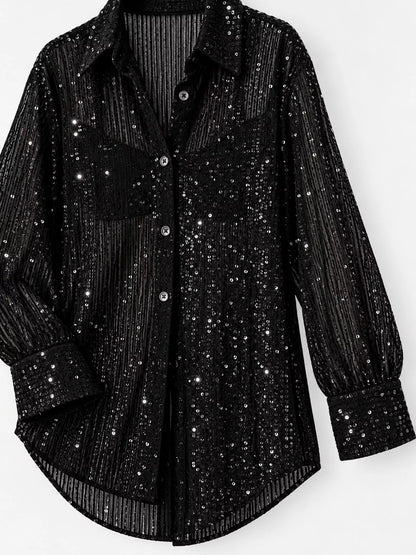 Full Size Sequin Button-Down Shirt Plus Size