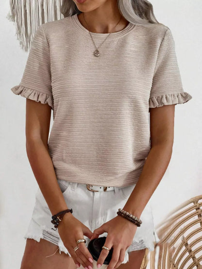 Textured Ruffle Sleeve Round Neck T-Shirt