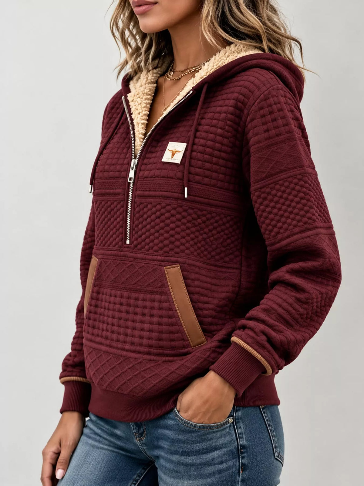 Plus Size Half Zip Hoodie with Textured Detail | S–4XL