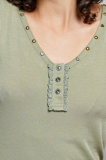 POL Studded Trim Button-Front Ruffle Detail Tank