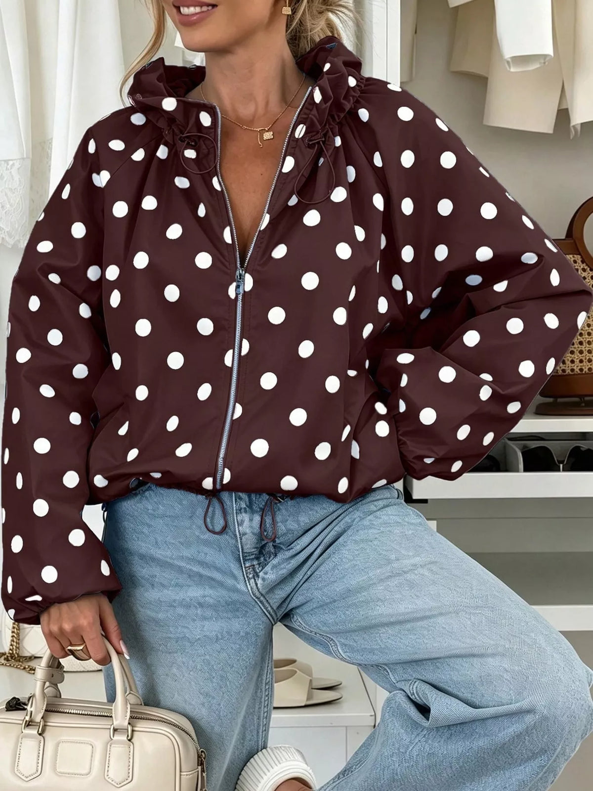 Polka Dot Zip Up Hooded Jacket