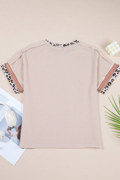 Jet Stream Leopard Patchwork Corded Knit Crew Neck T Shirt