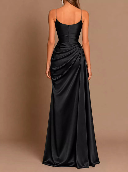 Satin Cowl Neck High Slit Evening Maxi Dress
