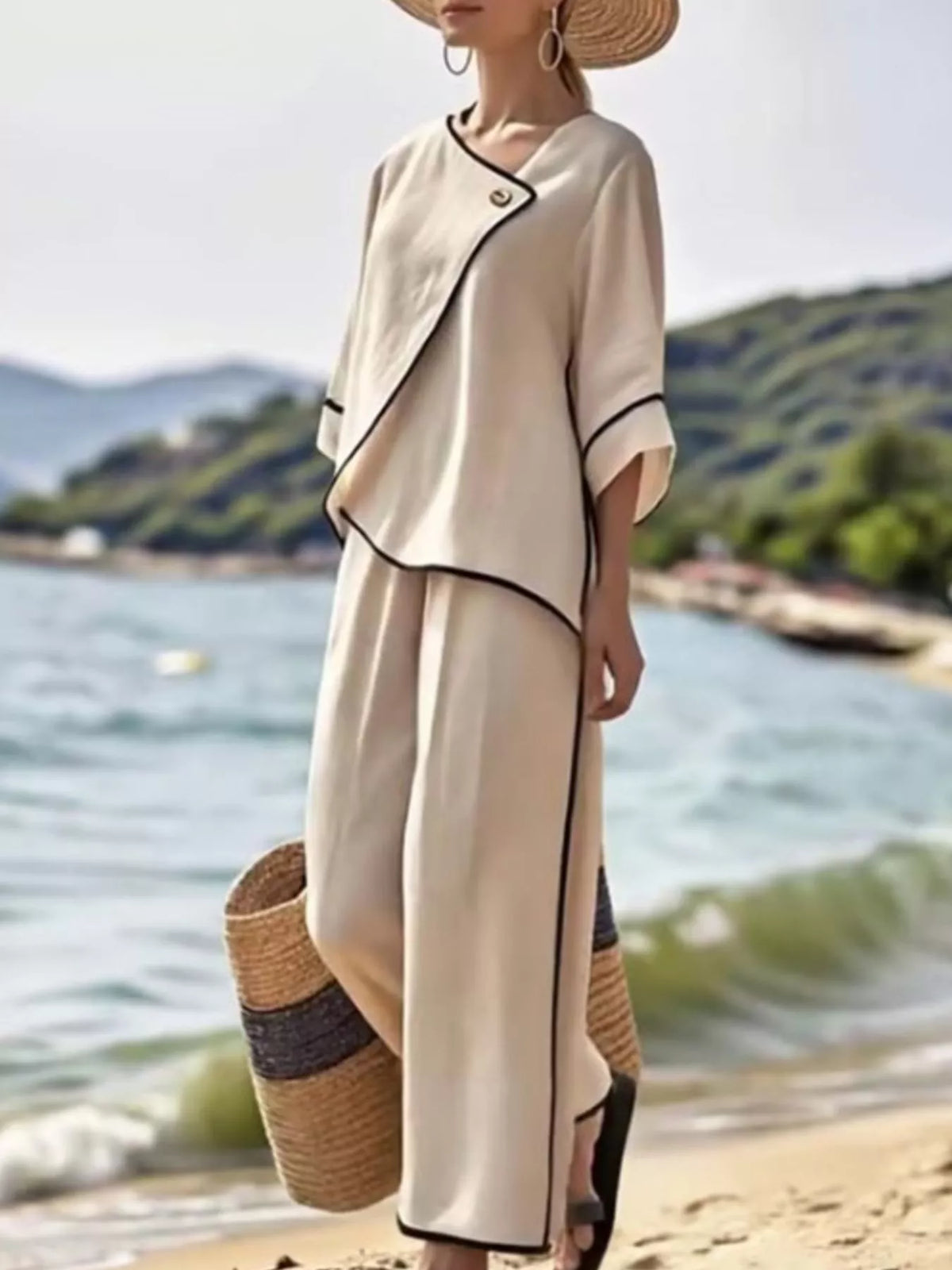 Full Size Contrast Trim Top and Wide Leg Pants Set Plus Size