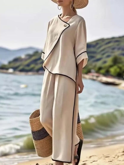Full Size Contrast Trim Top and Wide Leg Pants Set Plus Size