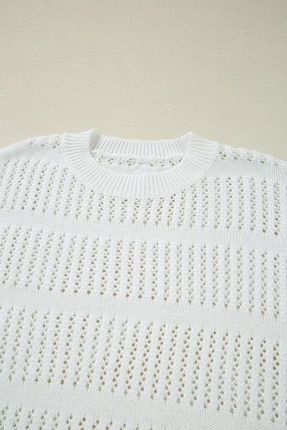 3/4 Sleeve Open Knit Mesh Detail Pullover Sweater