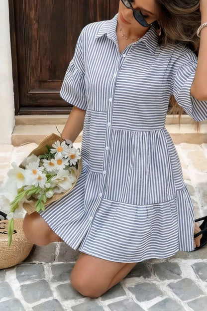 Striped Button-Up Ruffle Hem Mini Dress