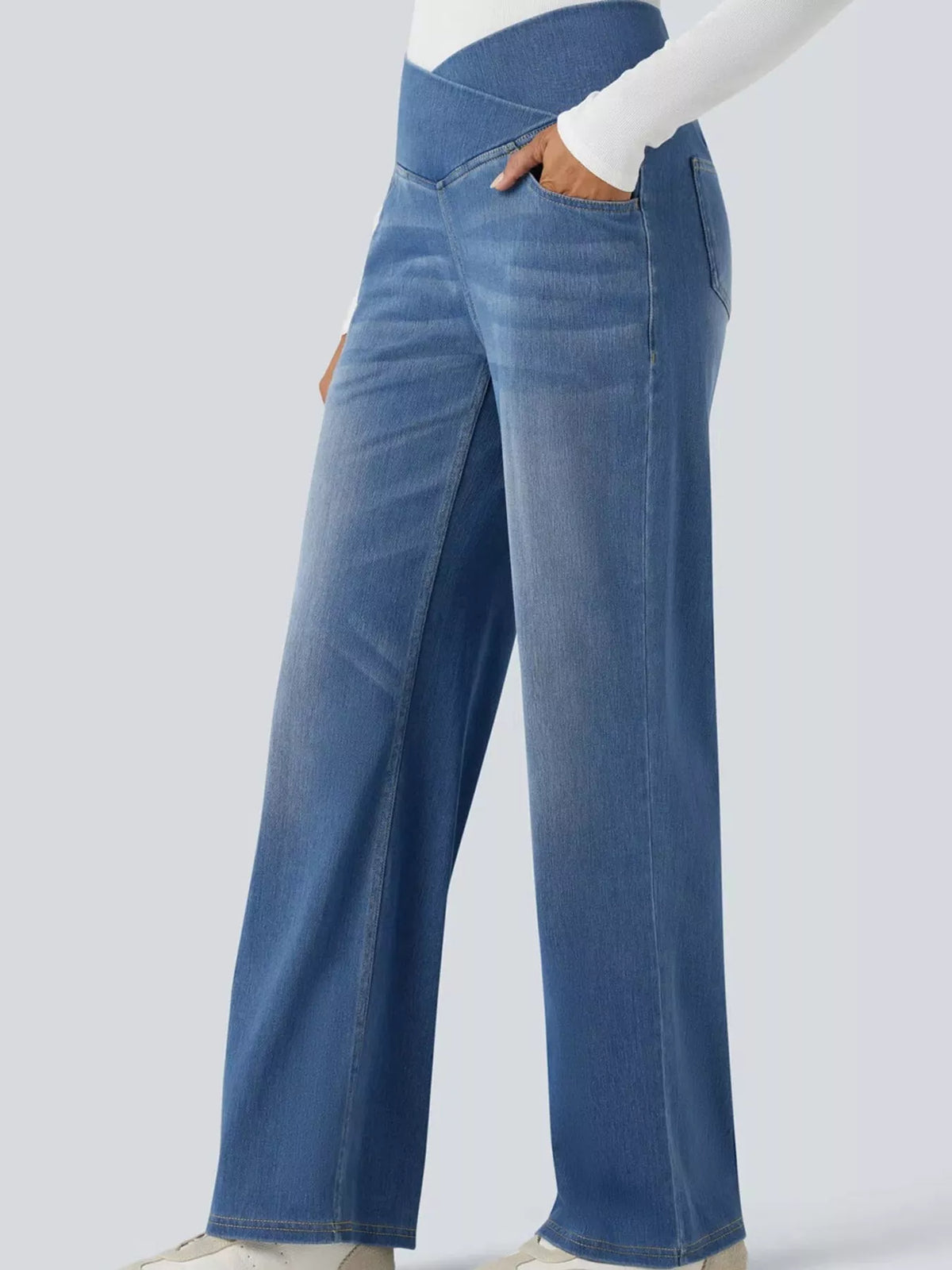 High Waisted Stretch Jeans with Crossover Waist | Straight Leg