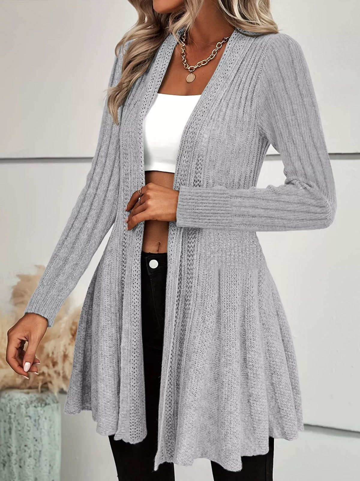 Elegant Ribbed Knit Open Front Flared Cardigan