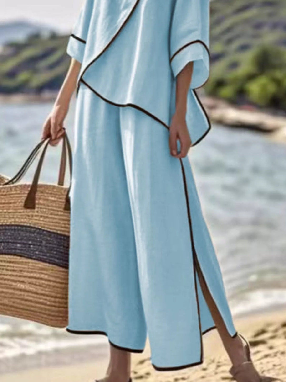 Full Size Contrast Trim Top and Wide Leg Pants Set Plus Size