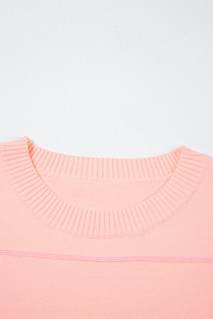 Pink Colorblock Striped Half Sleeve Drop Shoulder Sweater
