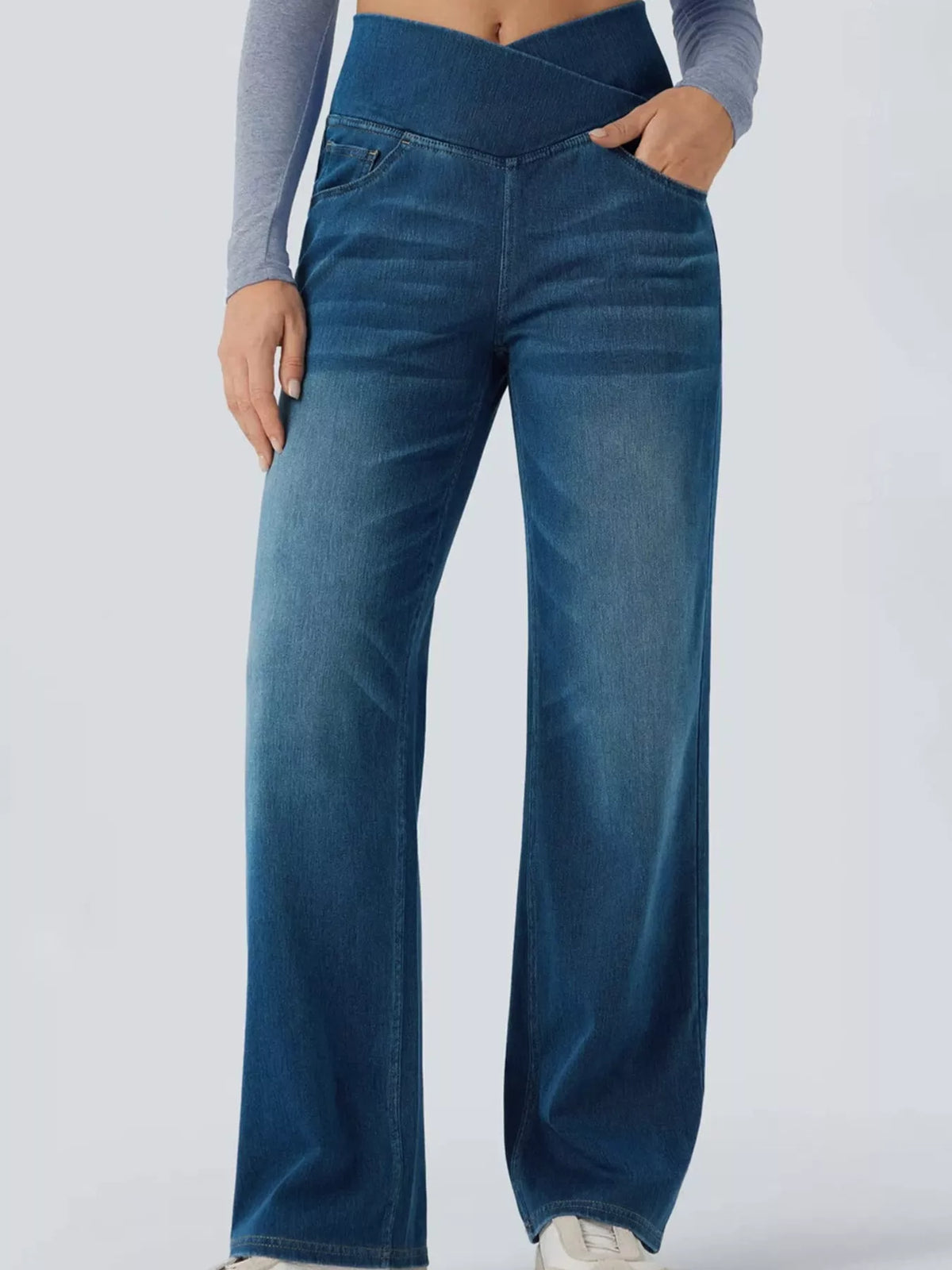 High Waisted Stretch Jeans with Crossover Waist | Straight Leg