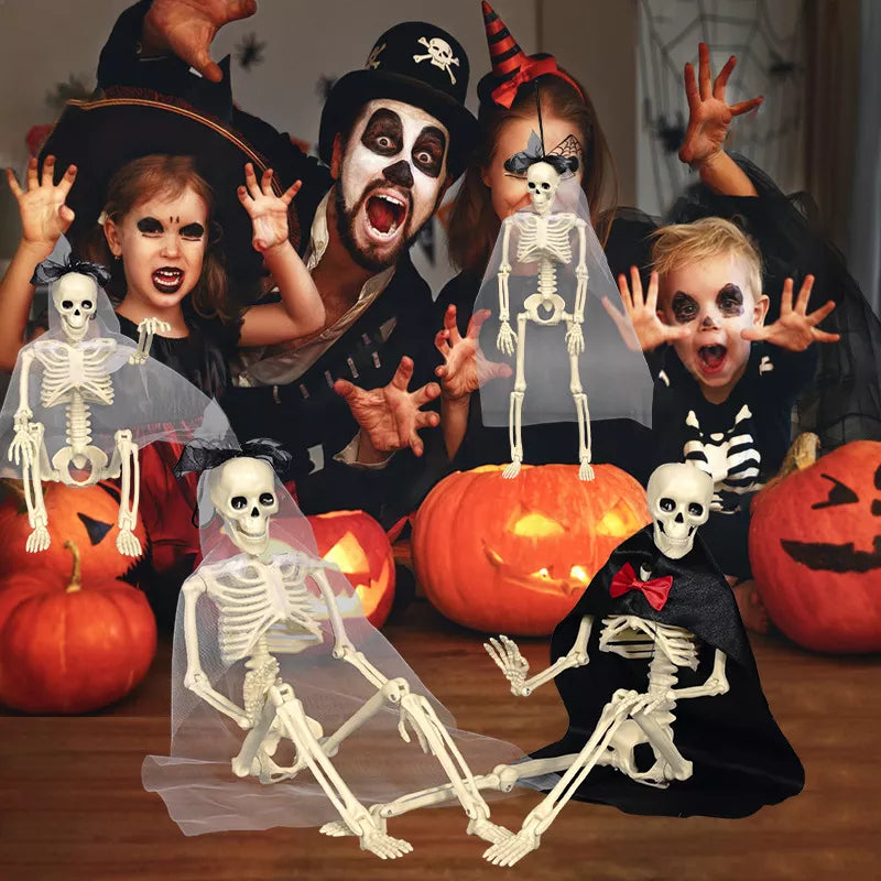 Halloween Posable Skeleton Couple with Wedding Veil and Cape