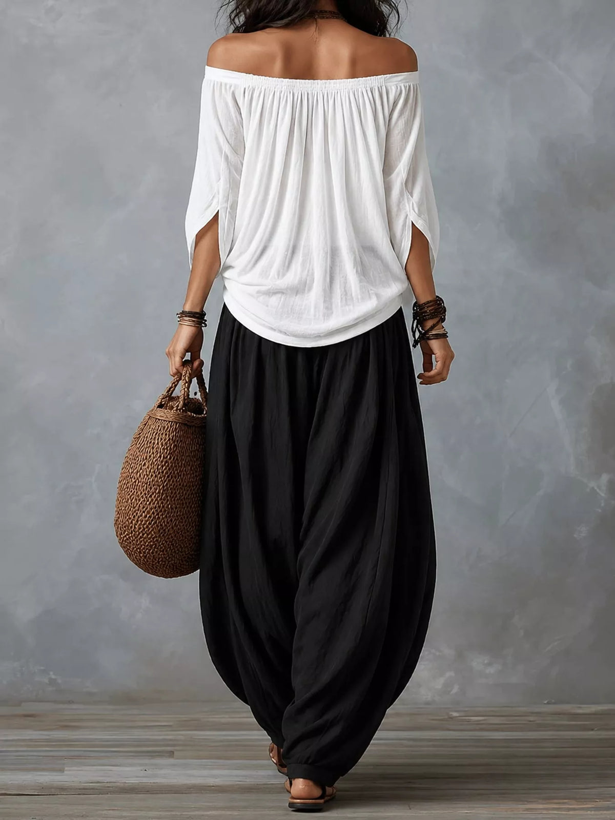 Full Size Off-Shoulder Top and Wide-Leg Harem Pants Set Plus Size