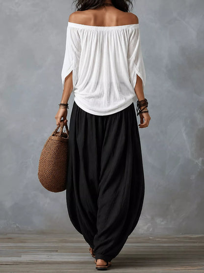 Full Size Off-Shoulder Top and Wide-Leg Harem Pants Set Plus Size
