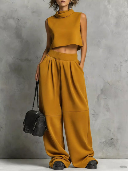 Sleeveless Mock Neck Crop Top and Wide-Leg Sweatpants Set