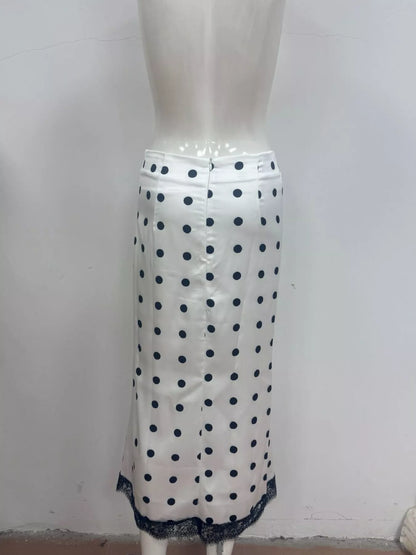 Polka Dot Midi Skirt with Lace Trim