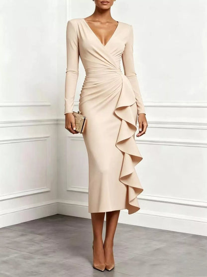 Ruffled Surplice Long Sleeve Dress