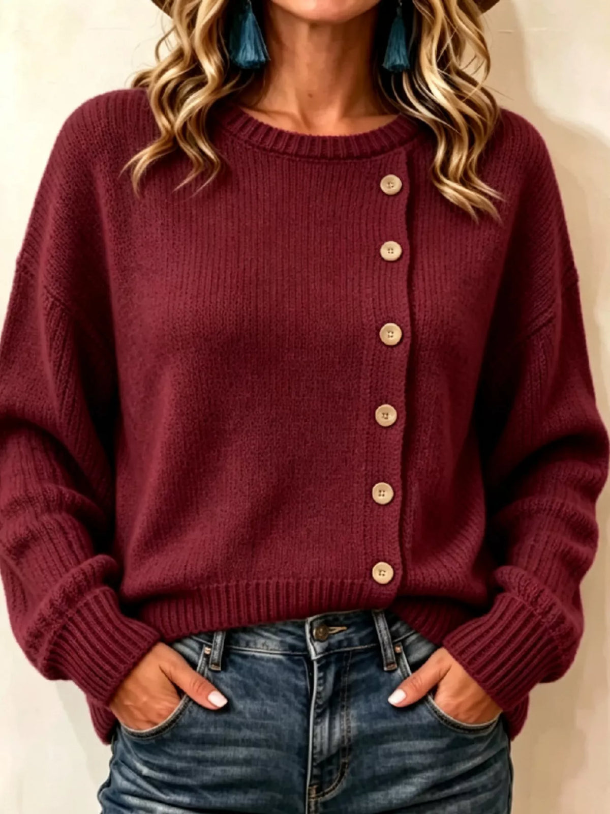 Decorative Button Dropped Shoulder Sweater