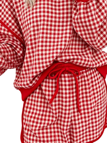 Gingham Plaid Long Sleeve Sweatshirt and Shorts Set