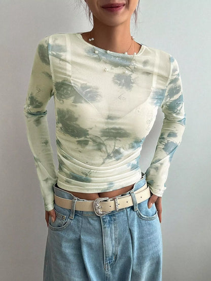 Floral Print Sheer Mesh Long Sleeve T-Shirt