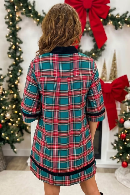 Plaid Velvet Trim Pockets Short Shift Dress