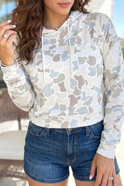 Beige Camouflage Print Long Sleeve Hooded Pullover Casual Top