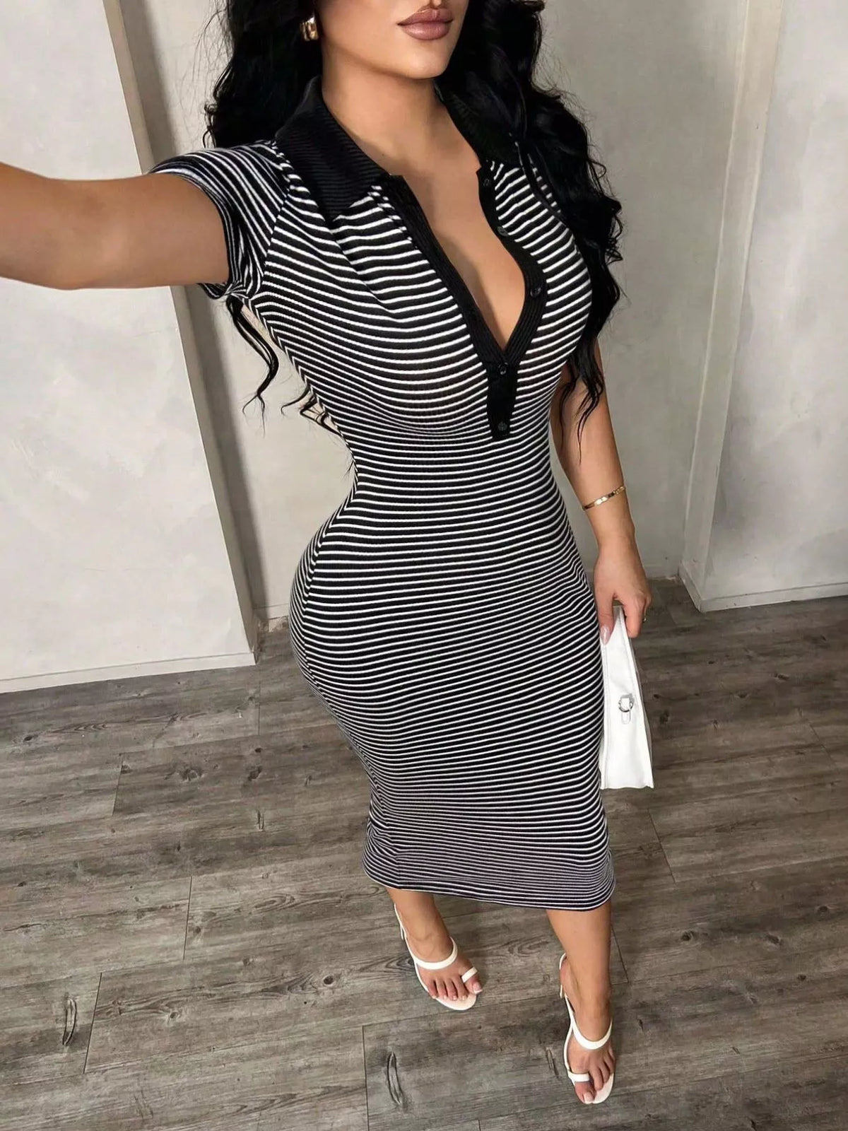 Striped Polo Collar Midi Dress