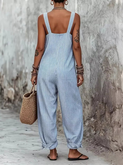 Full Size Striped Square Neck Wide Leg Jumpsuit Plus Size