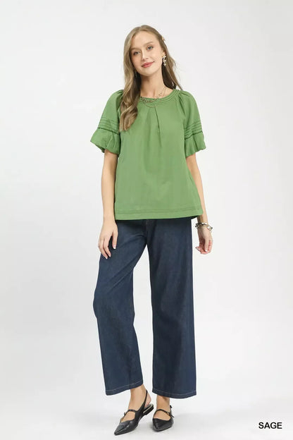 Umgee Round Neck Puff Sleeve Top with Contrast Stitch Detail