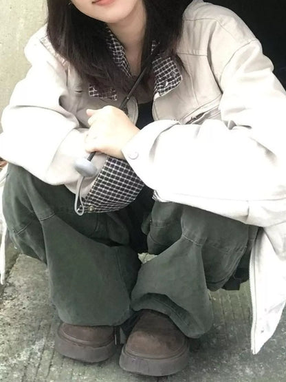 Contrast Plaid Cuffs Zip Up Jacket