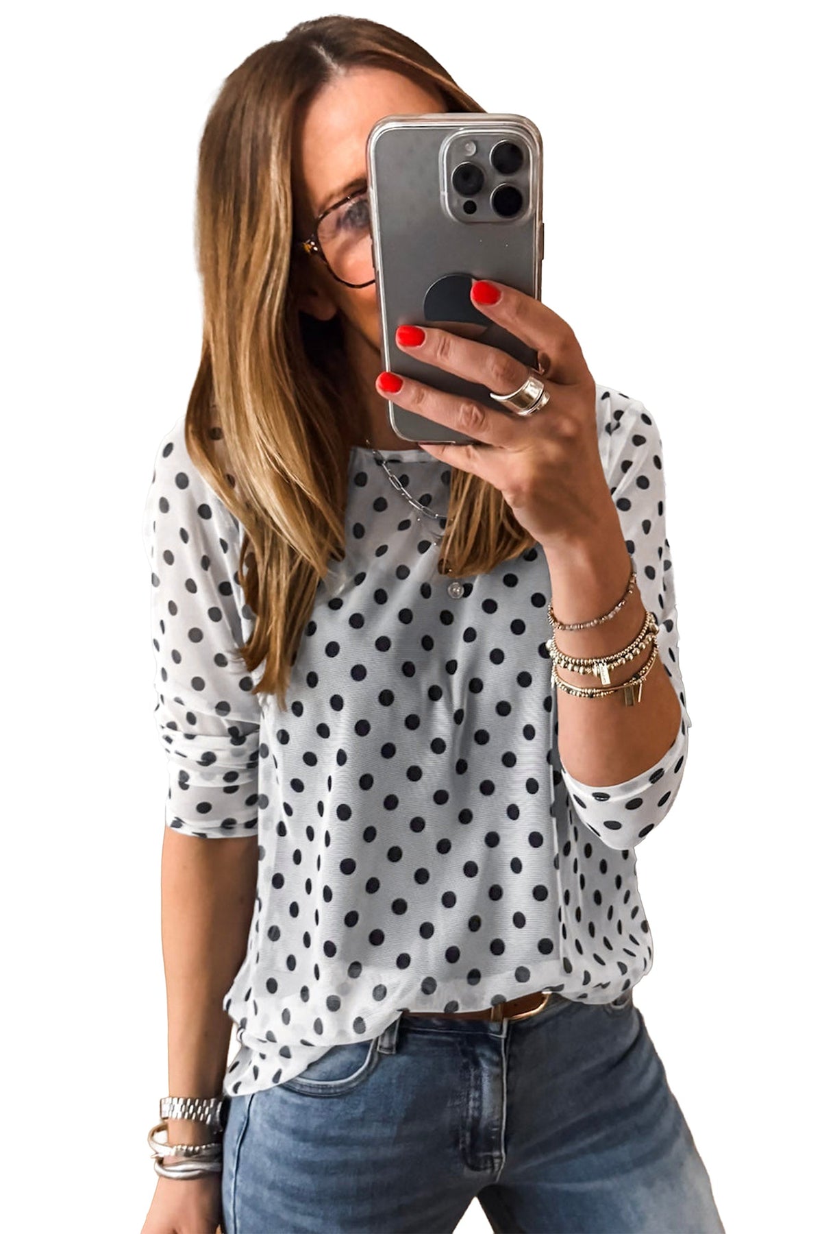 Black Polka Dot Sheer Mesh Long Sleeve Round Neck Shift Blouse
