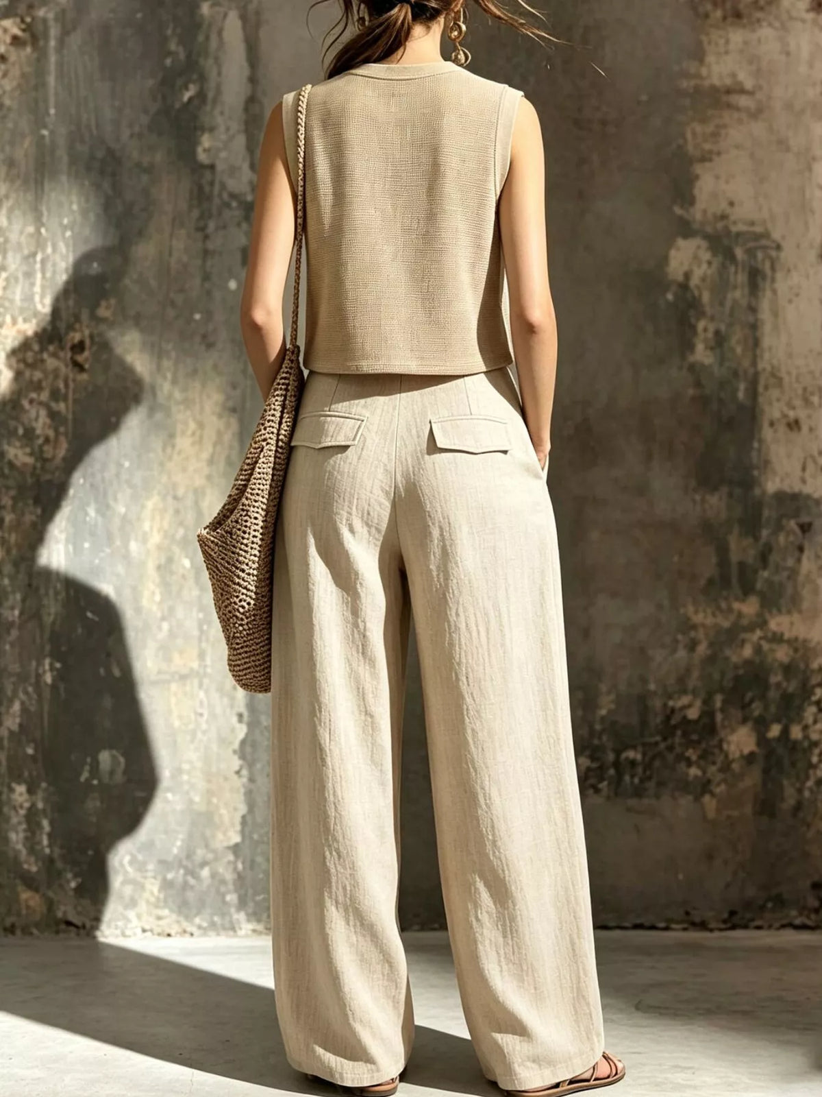 Sleeveless Crop Top and High-Waisted Wide-Leg Cargo Pants Set