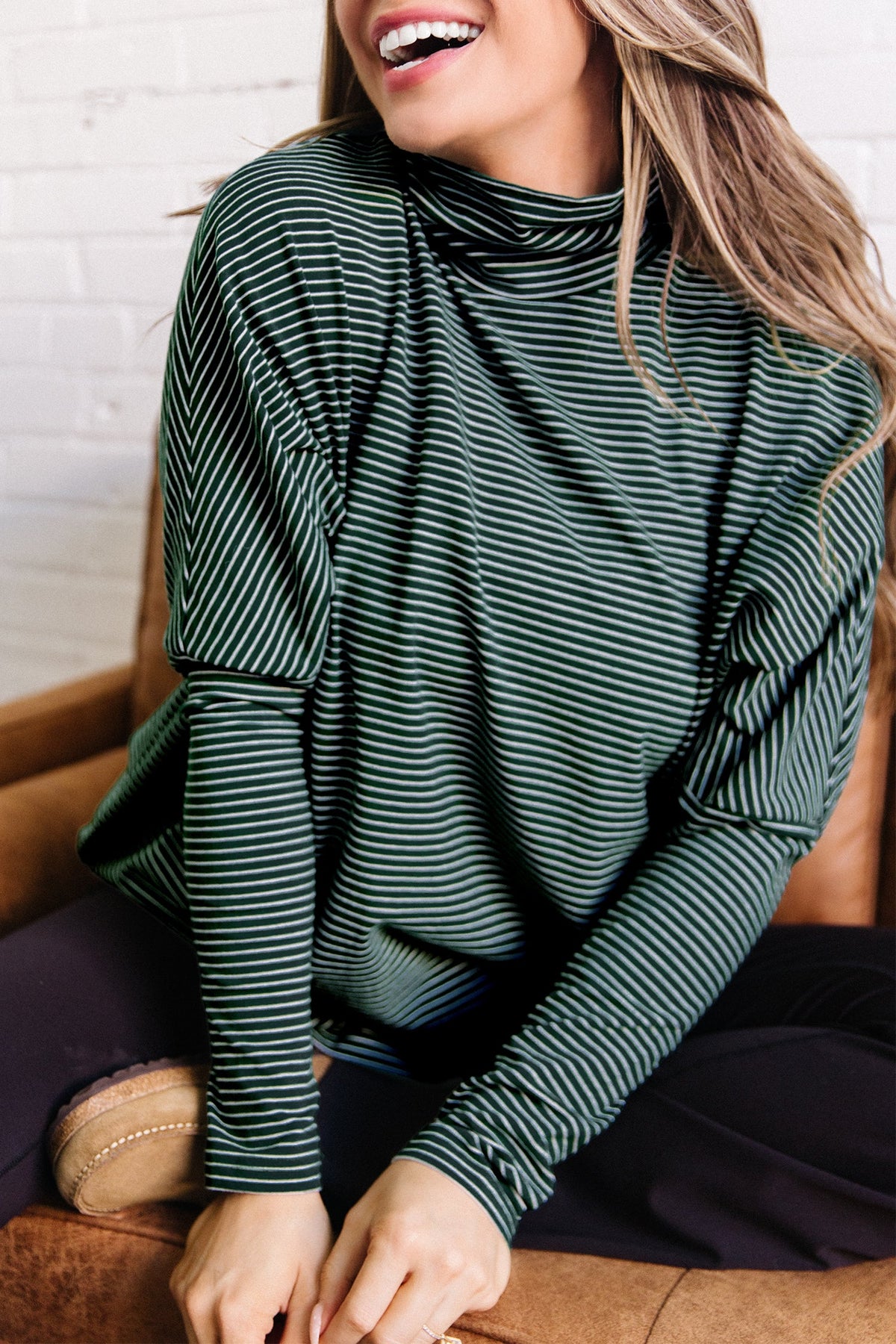 Green Stripe High Neck Dropped Shoulder Long Sleeve Casual Top